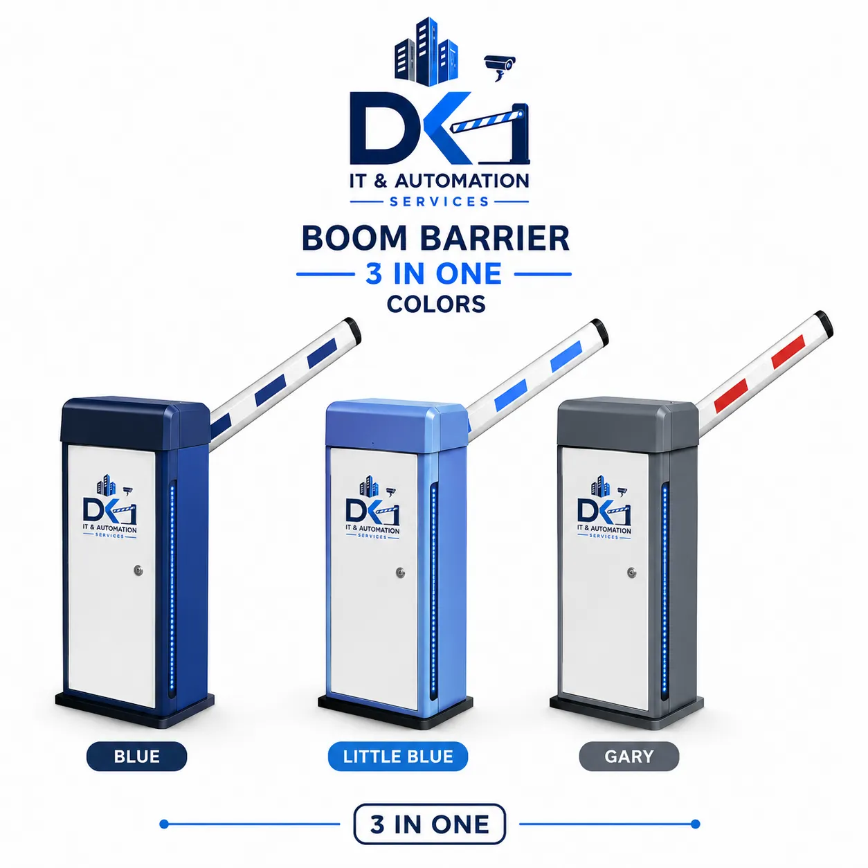 Automatic boom barrier by DK IT AND AUTOMATION SERVICES shown in three cabinet colour options