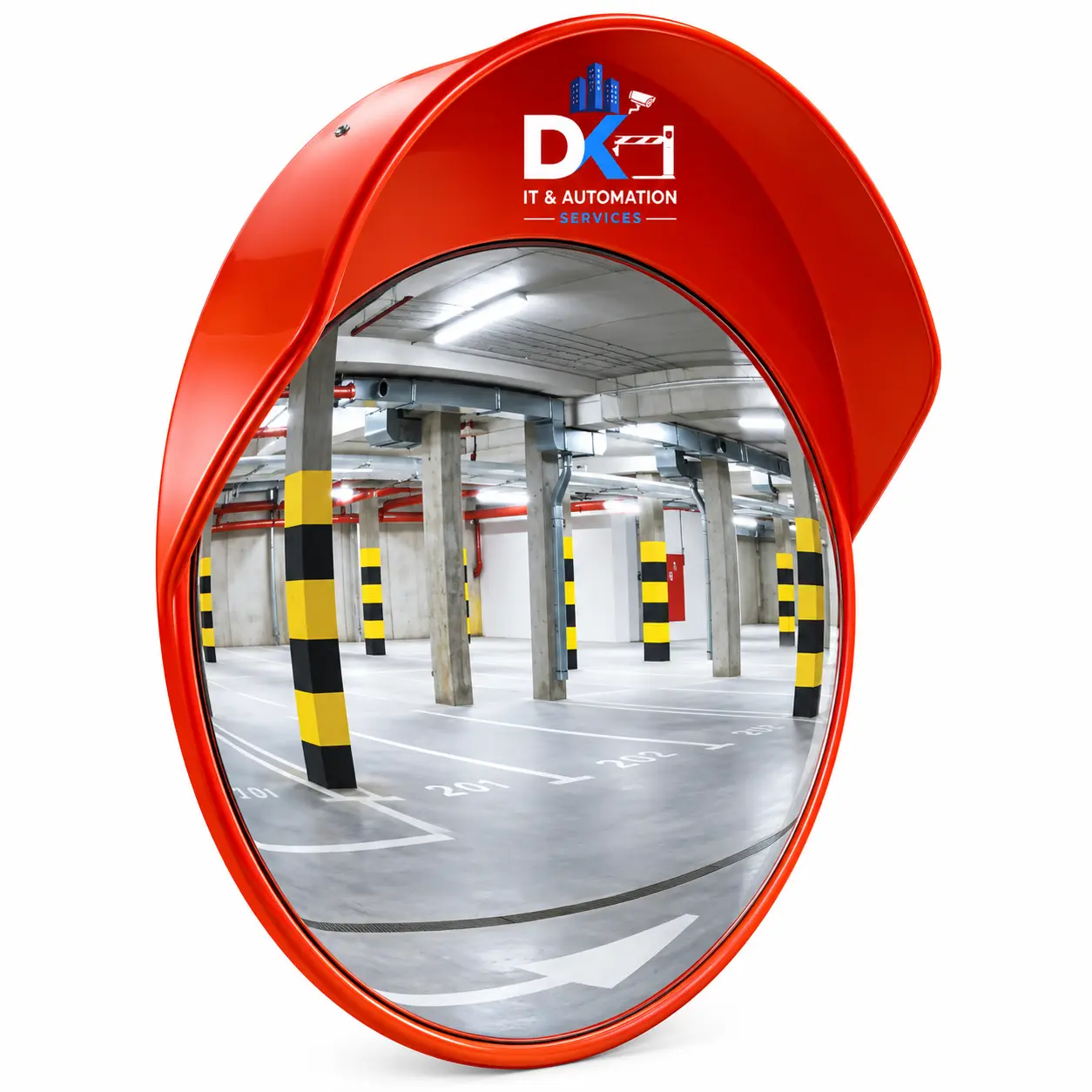 Convex road safety mirror showing a parking basement, supplied by DK IT AND AUTOMATION SERVICES