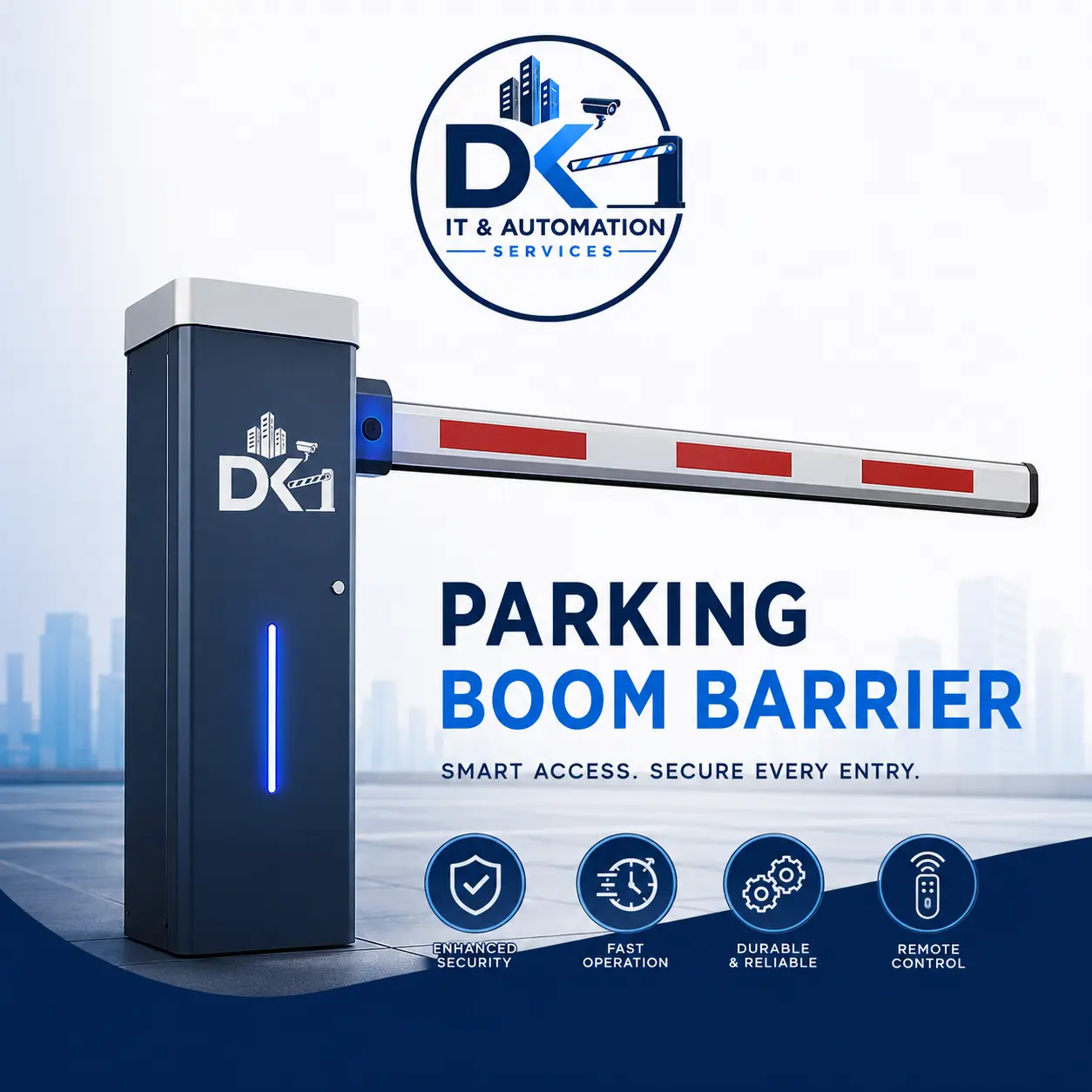 DK parking boom barrier installed on a parking entry lane