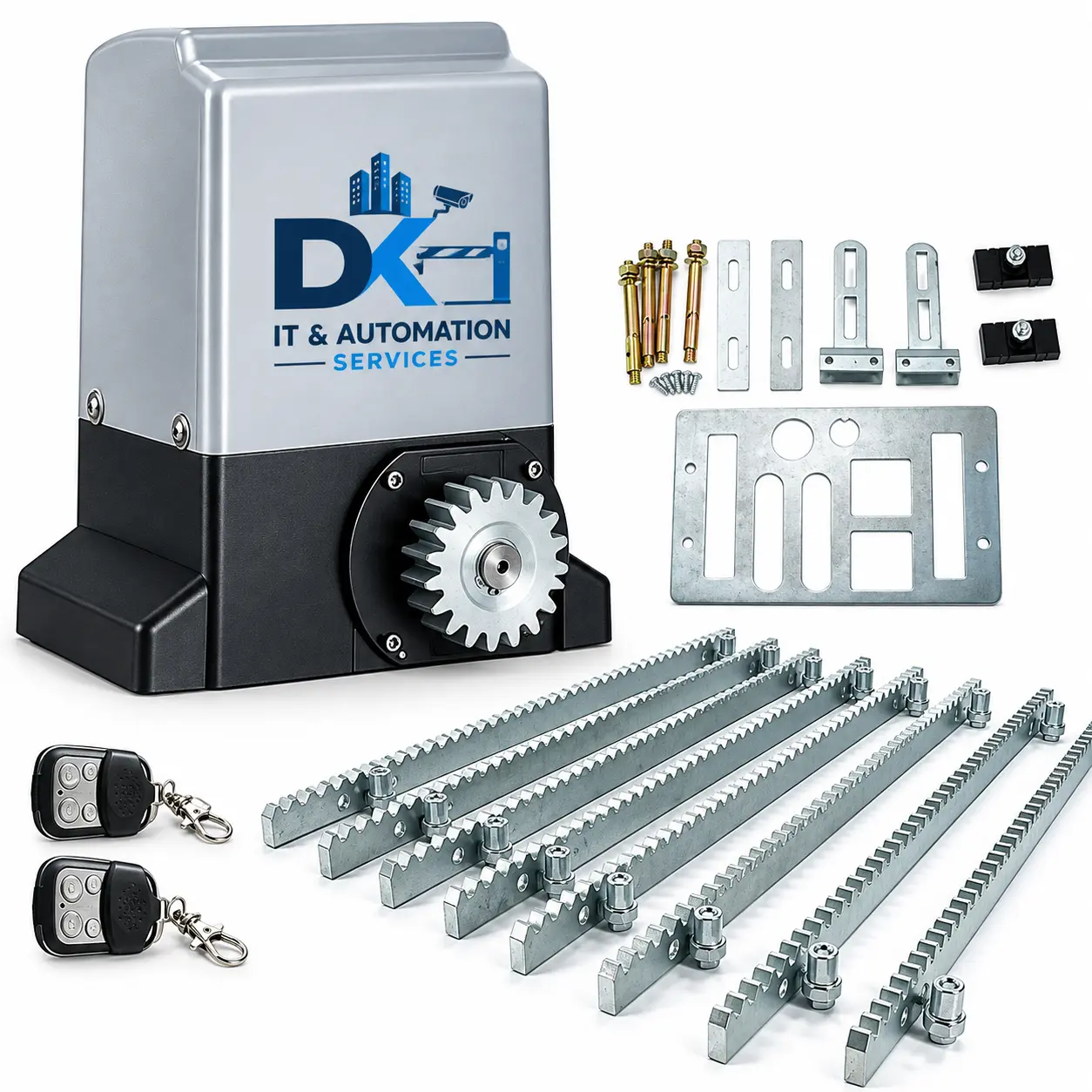 Sliding gate automation motor with rack sections and remote handsets, supplied by DK IT AND AUTOMATION SERVICES